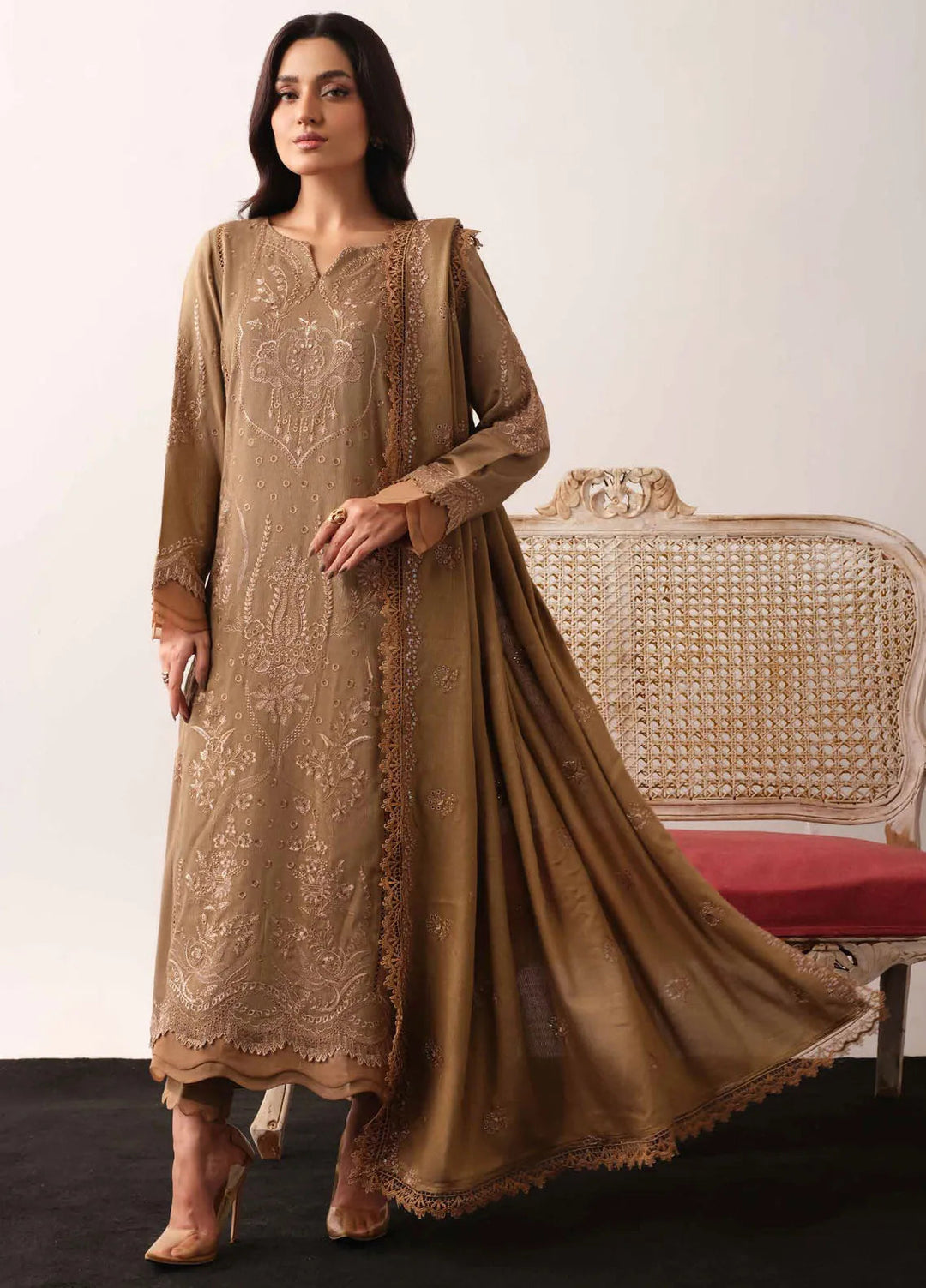 Tehzeeb By Riaz Arts Embroidered Leather Peach Suit Unstitched 3 Piece RA24UP TL-312 - Winter Collection