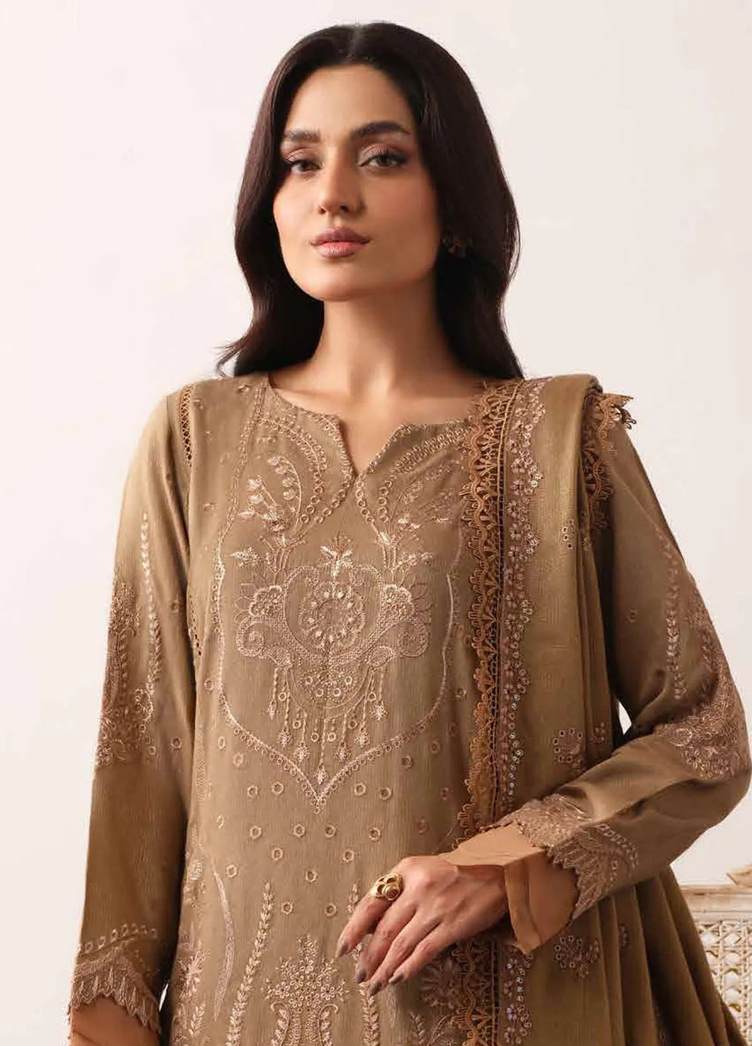 Tehzeeb By Riaz Arts Embroidered Leather Peach Suit Unstitched 3 Piece RA24UP TL-312 - Winter Collection