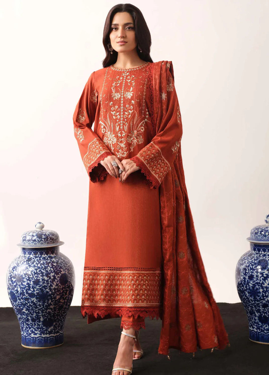 Tehzeeb By Riaz Arts Embroidered Leather Peach Suit Unstitched 3 Piece RA24UP TL-314 - Winter Collection