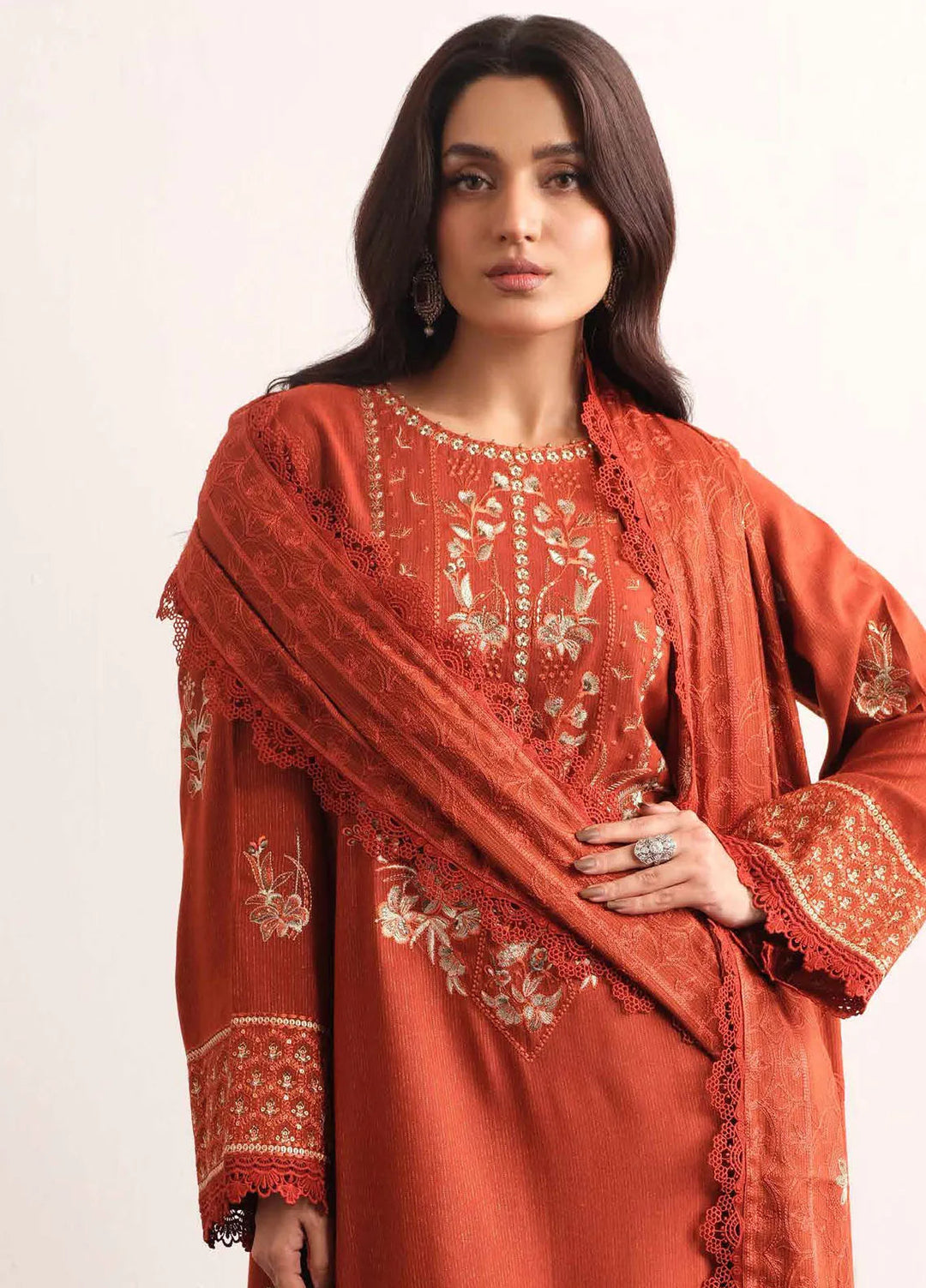 Tehzeeb By Riaz Arts Embroidered Leather Peach Suit Unstitched 3 Piece RA24UP TL-314 - Winter Collection