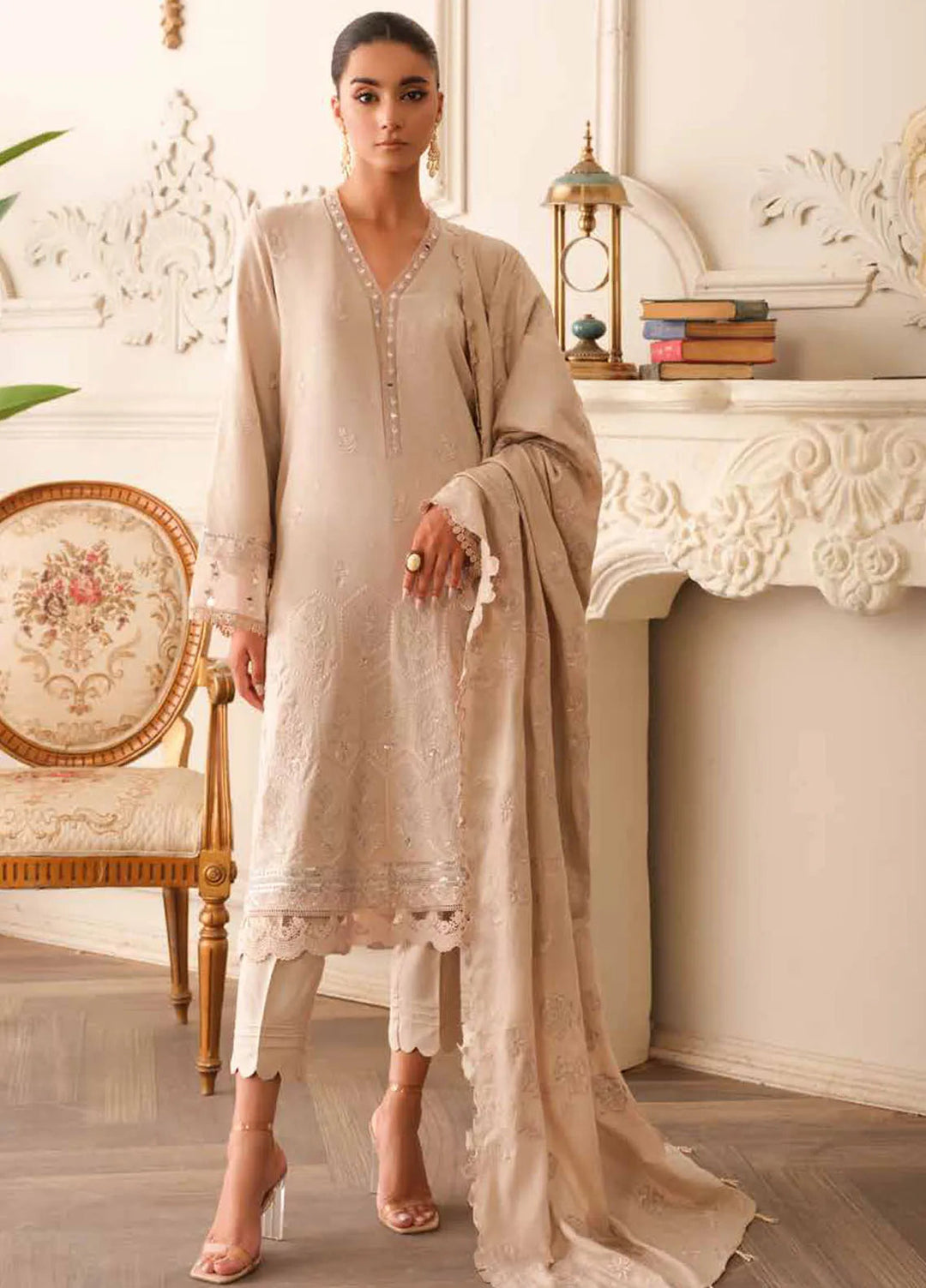 Tehzeeb By Riaz Arts Embroidered Leather Peach Suit Unstitched 3 Piece RA24W TL-280 - Winter Collection