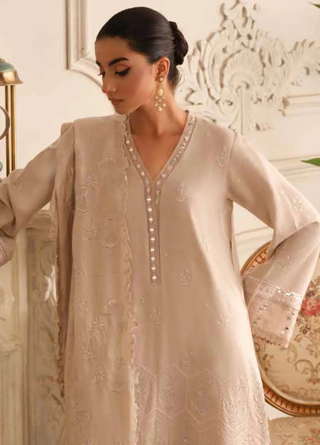 Tehzeeb By Riaz Arts Embroidered Leather Peach Suit Unstitched 3 Piece RA24W TL-280 - Winter Collection