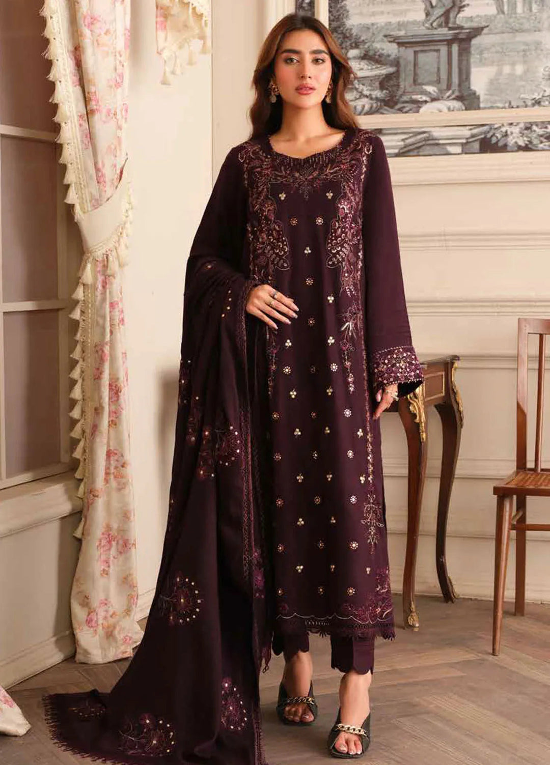 Tehzeeb By Riaz Arts Embroidered Leather Peach Suit Unstitched 3 Piece RA24W TL-283 - Winter Collection