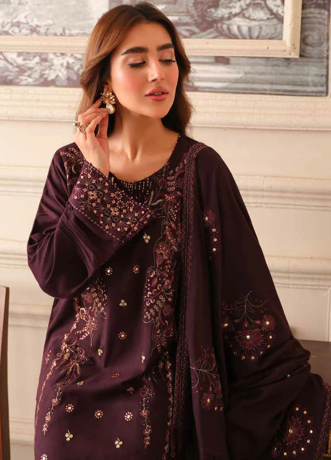 Tehzeeb By Riaz Arts Embroidered Leather Peach Suit Unstitched 3 Piece RA24W TL-283 - Winter Collection