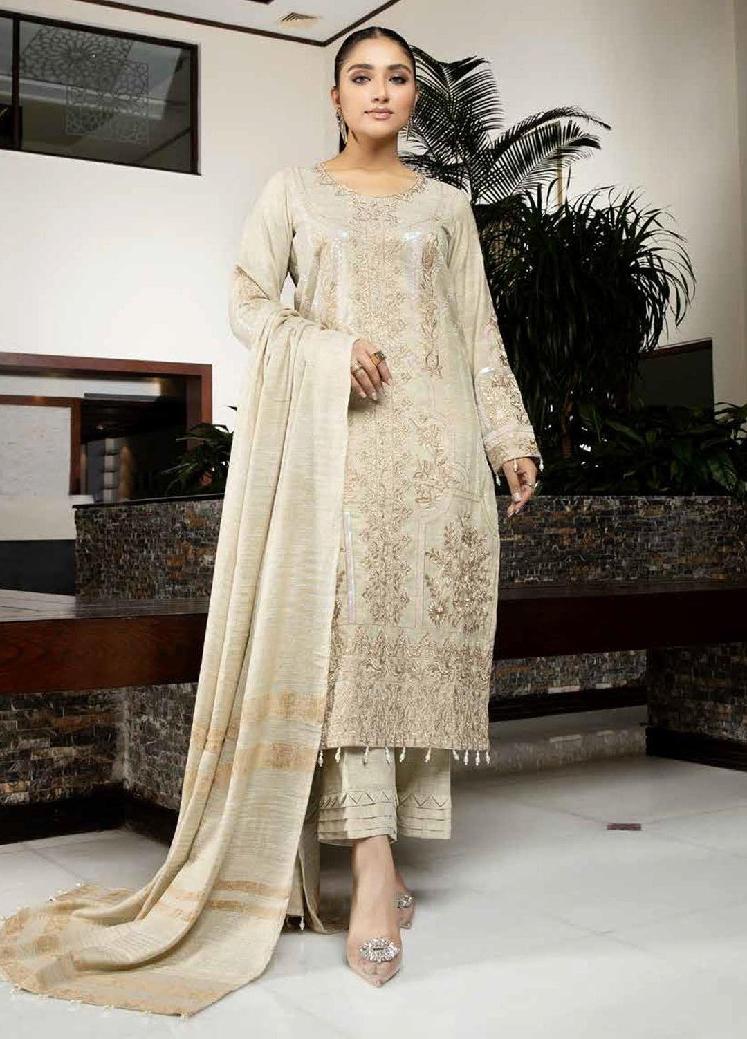 Tehzeeb By Riaz Arts Embroidered Leather Peach Suits Unstitched 3 Piece RA22TPL TL-174 - Winter Collection