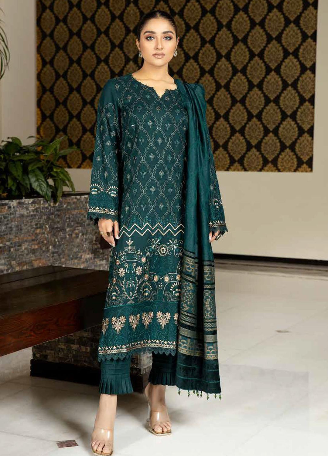 Tehzeeb By Riaz Arts Embroidered Leather Peach Suits Unstitched 3 Piece RA22TPL TL-178 - Winter Collection