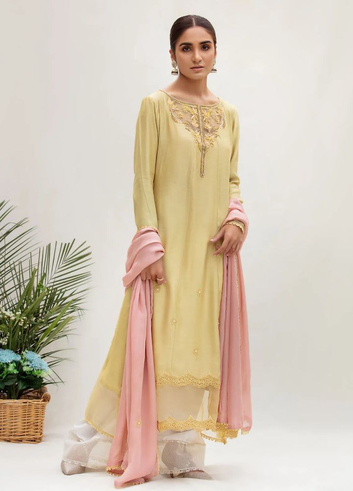 Textile Lime Pret Embroidered Raw Silk 3 Piece Suit Zehre