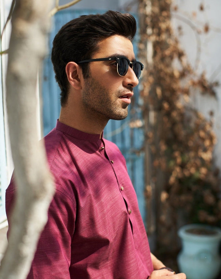 Muraqsh Ready To Wear Solids  Men Textured Wine Cotton Kurta Trouser MUR-TWCKW - Summer Collection