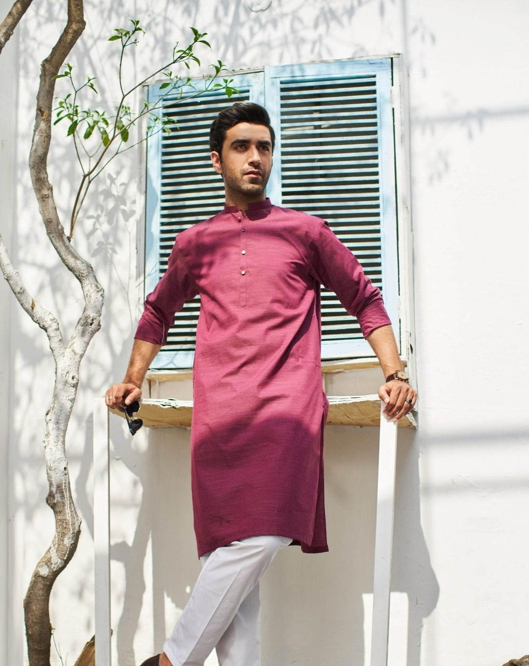 Muraqsh Ready To Wear Solids  Men Textured Wine Cotton Kurta Trouser MUR-TWCKW - Summer Collection