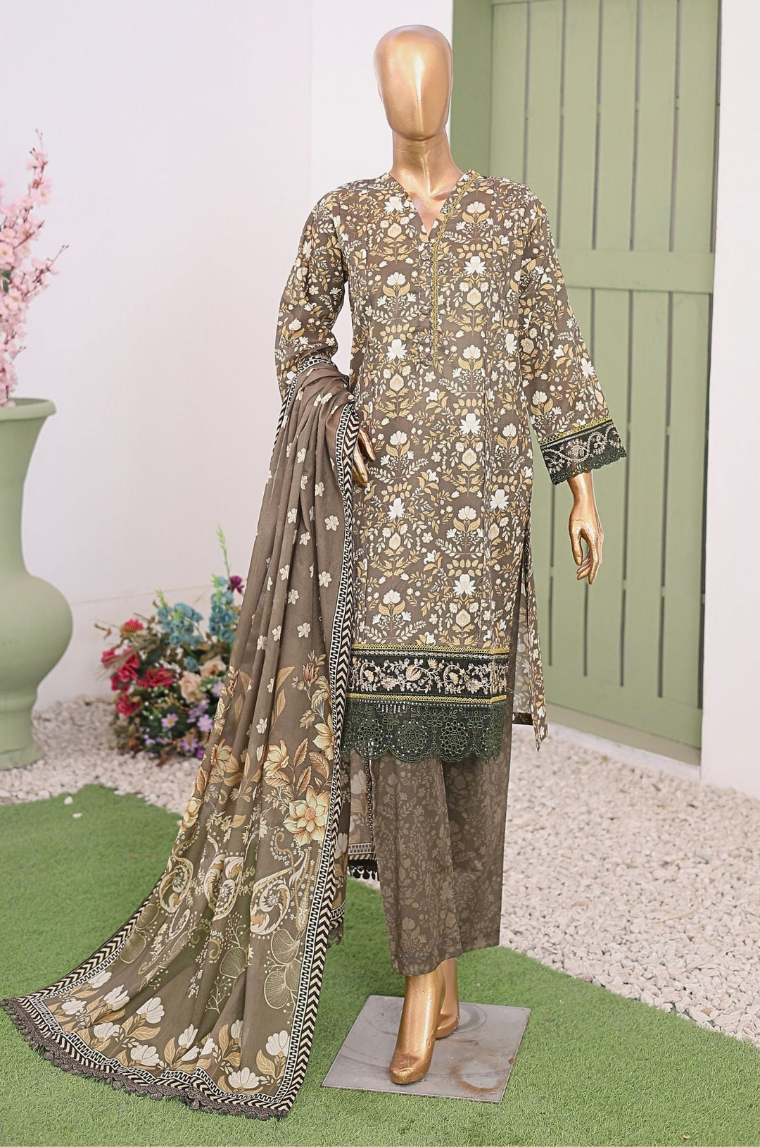 Me and Mummy by Suntex Fabrics RTW Embroidered Lawn 3 Piece Suit Olive Green-Women Casual Collection