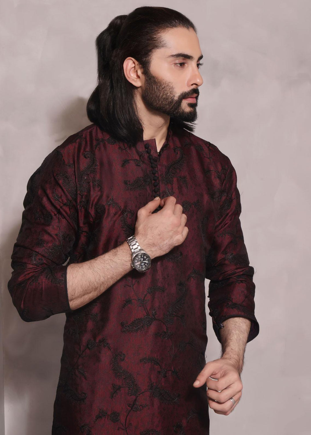 The Great Master (TGM) Jamawar Fancy Kameez Shalwar for Men -  Garnet Silk