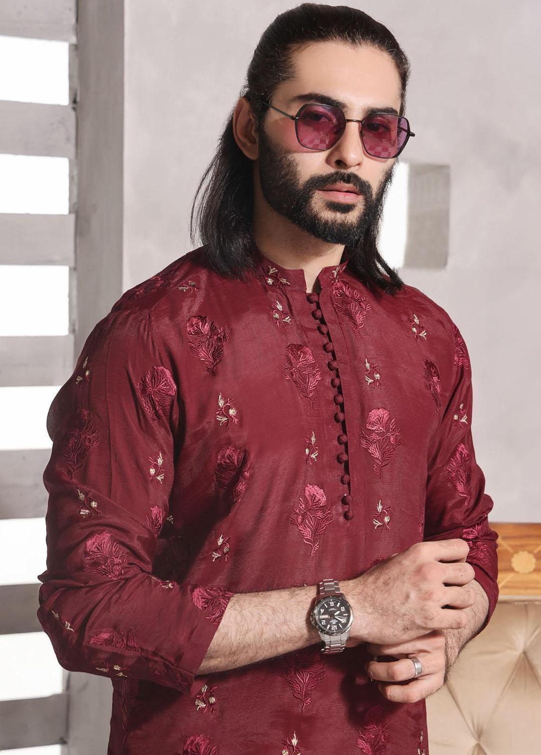 The Great Master (TGM) Missouri Fancy Men Kameez Shalwar -  Maroon Bone