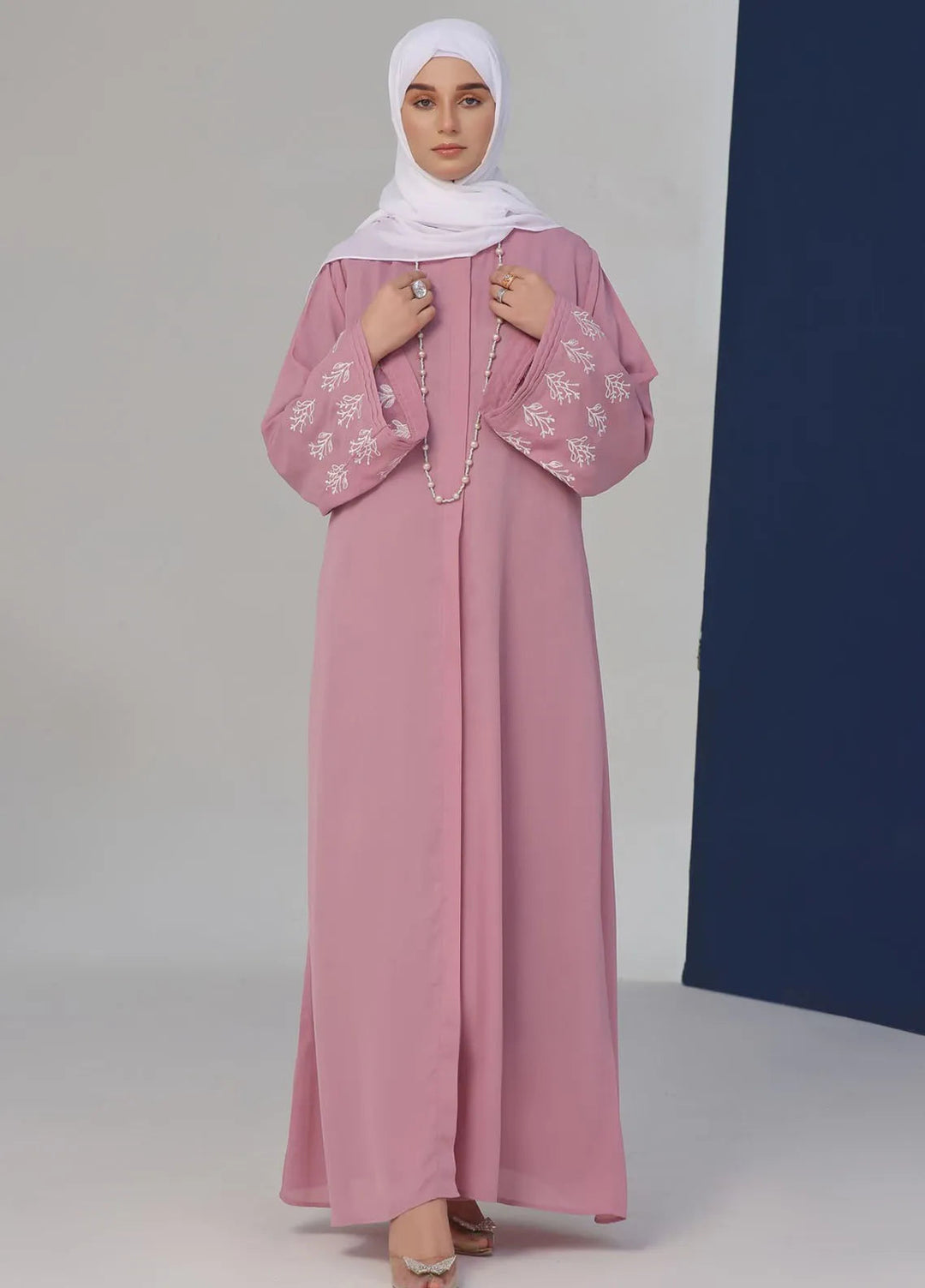 TGM Pret Embroidered Georgette Abaya Pink Majesty