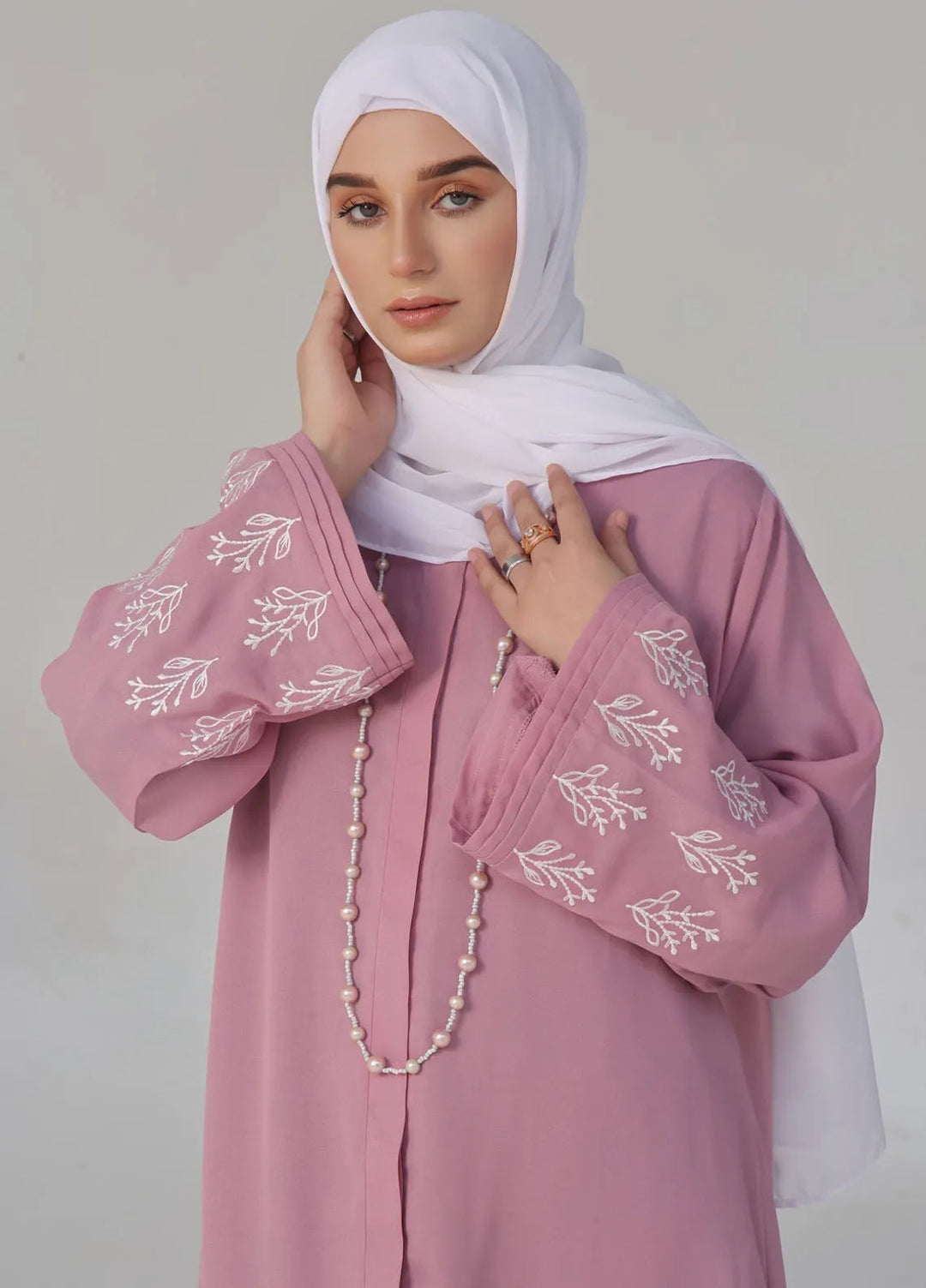 TGM Pret Embroidered Georgette Abaya Pink Majesty