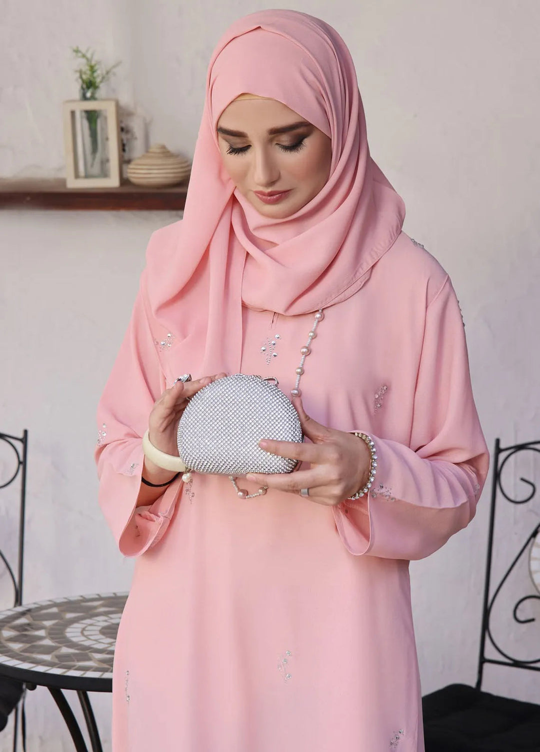 TGM Pret Stone Work Georgette Abaya Sanaubar