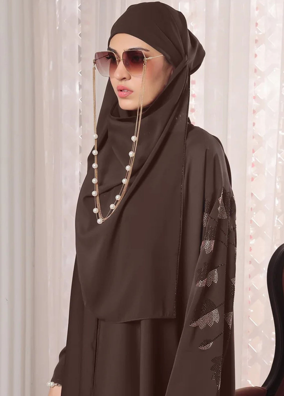 TGM Pret Stone Work Nidha Abaya Brown Leaf