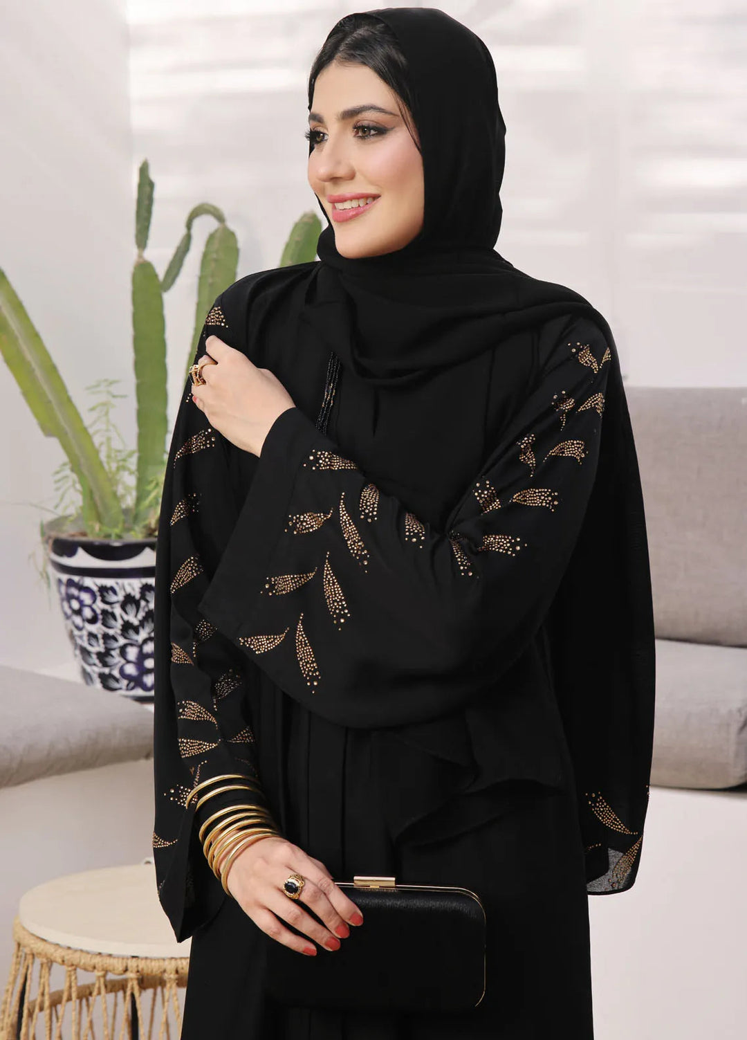 TGM Pret Stone Work Nidha Abaya Grace Black