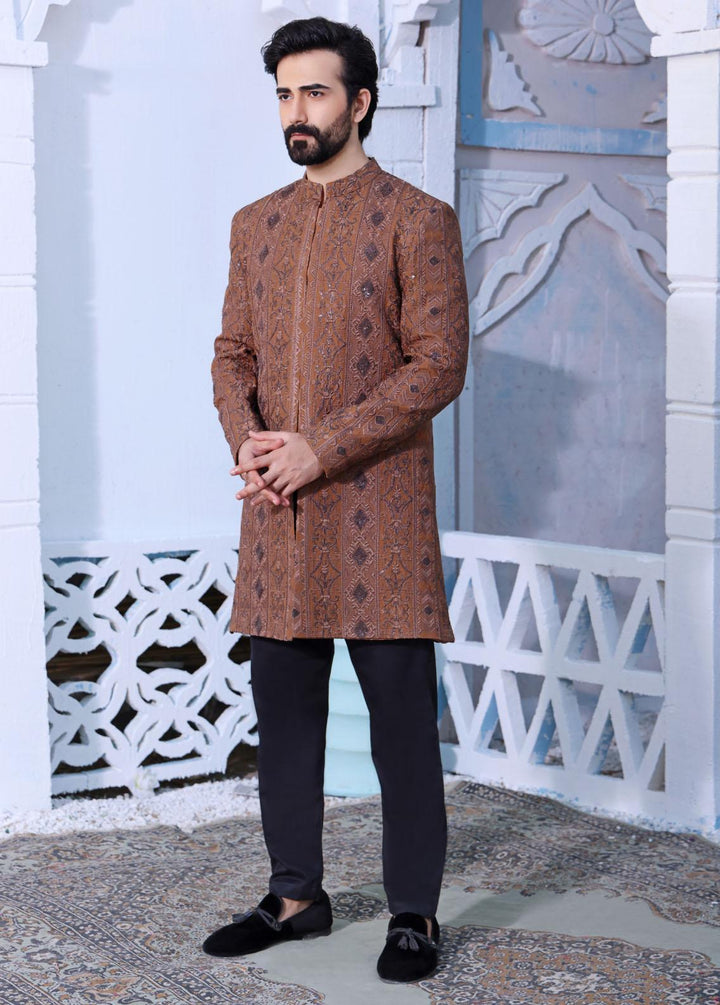 The Great Master (TGM) Raw Silk Formal Sherwani for Men -  Nutmeg Brown