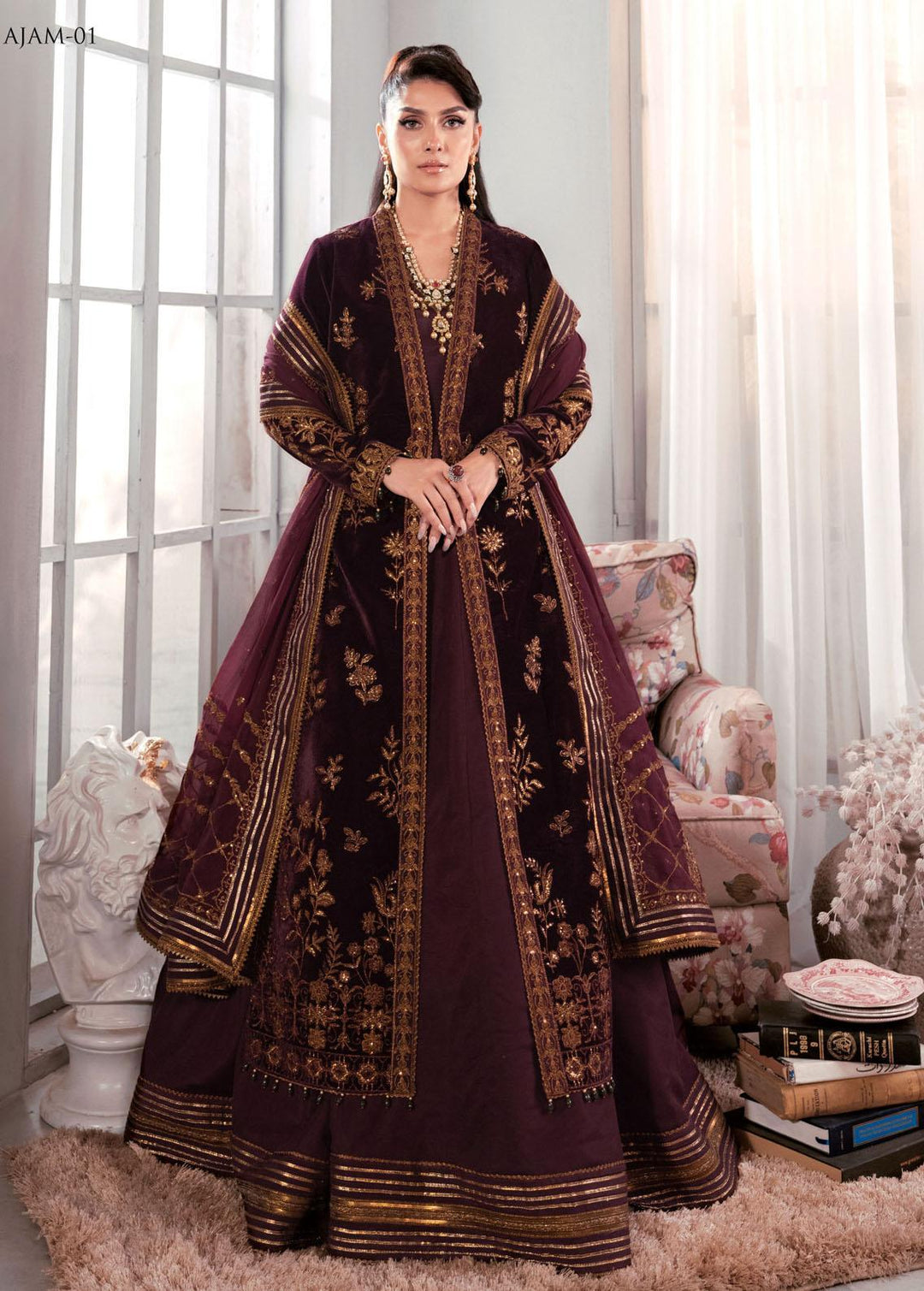 The Ayeza Edit by Asim Jofa Embroidered Velvet Suits Unstitched 3 Piece AJ22AM AJAM-01 - Winter Collection