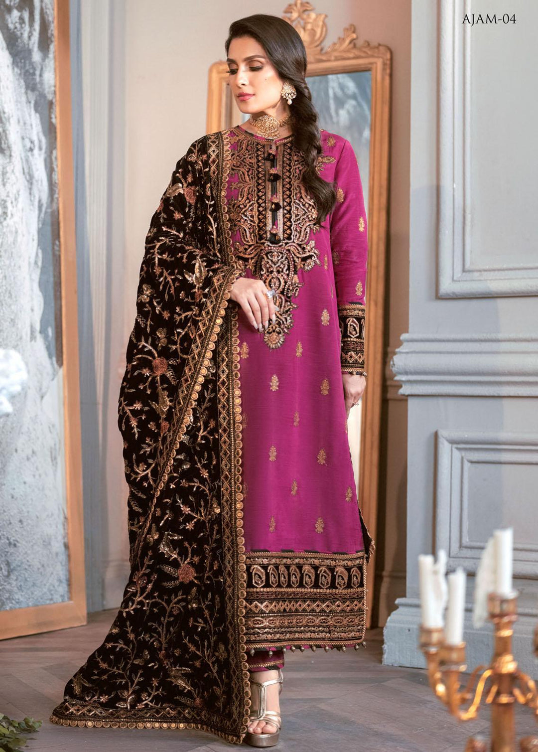 The Ayeza Edit by Asim Jofa Embroidered Velvet Suits Unstitched 3 Piece AJ22AM AJAM-04 - Winter Collection