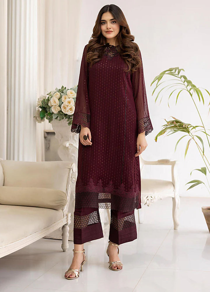 The Classic Fit by Cyanic Pret Embroidered Chiffon 2 Piece Suit Mulberry