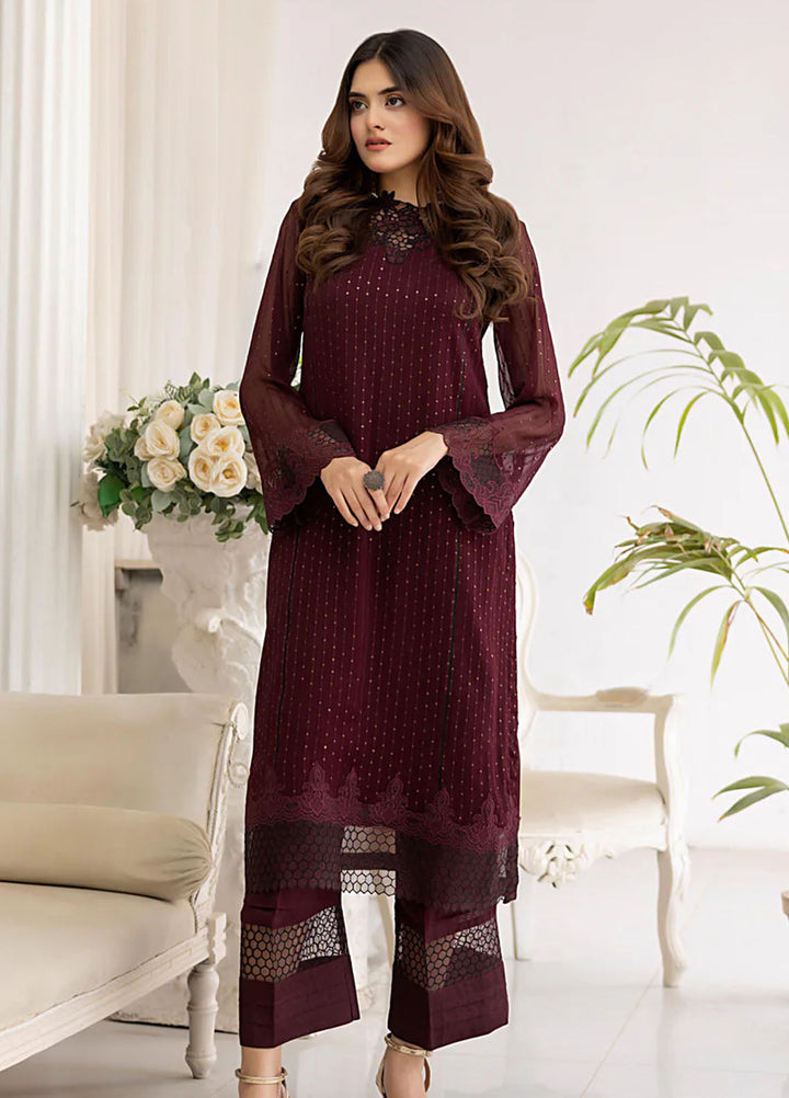 The Classic Fit by Cyanic Pret Embroidered Chiffon 2 Piece Suit Mulberry
