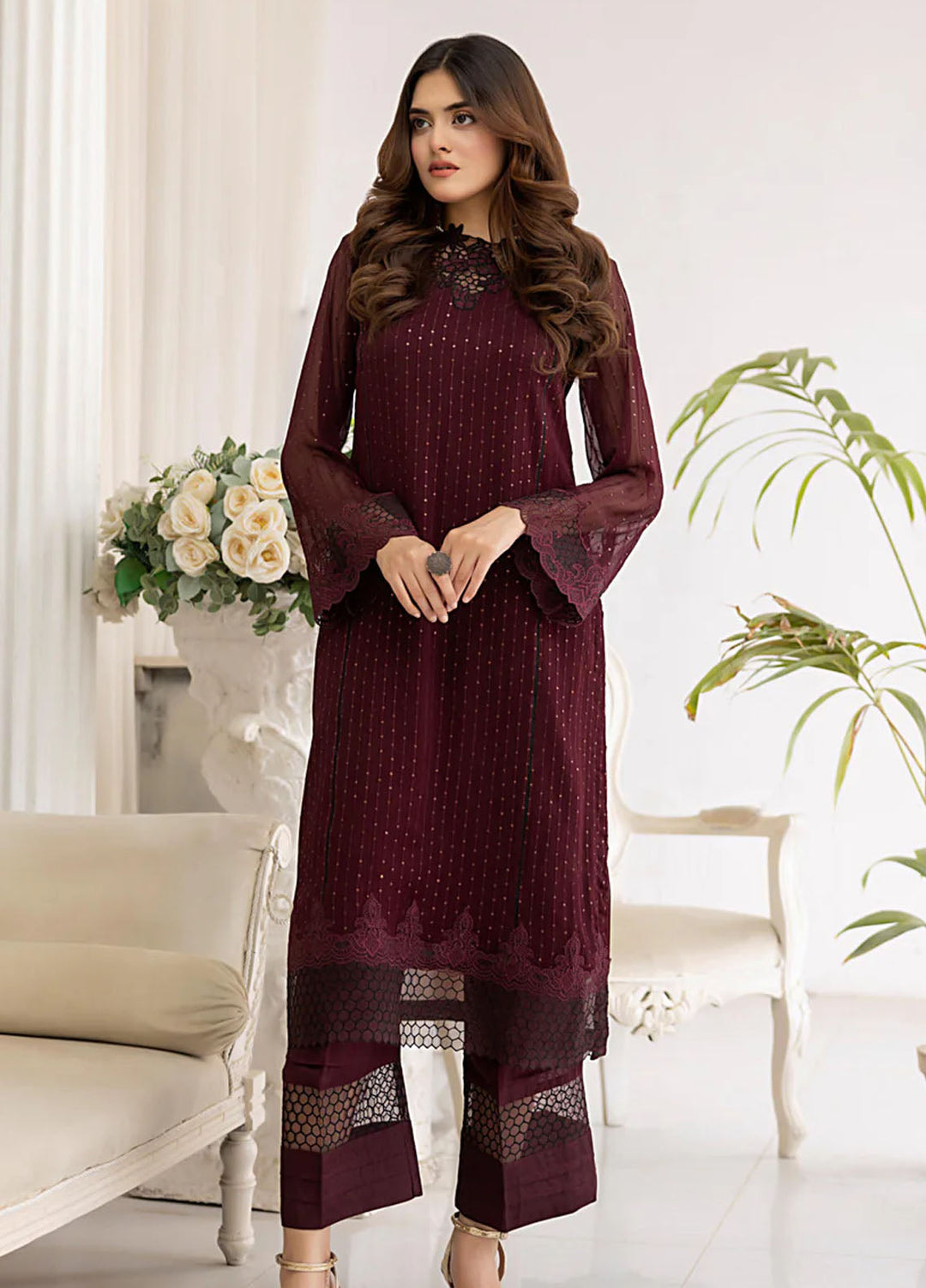 The Classic Fit by Cyanic Pret Embroidered Chiffon 2 Piece Suit Mulberry