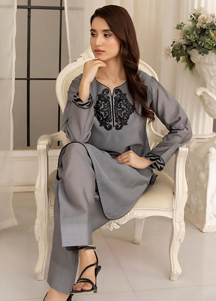 The Classic Fit by Cyanic Pret Embroidered Sheesha Silk 2 Piece Suit Grey Grace