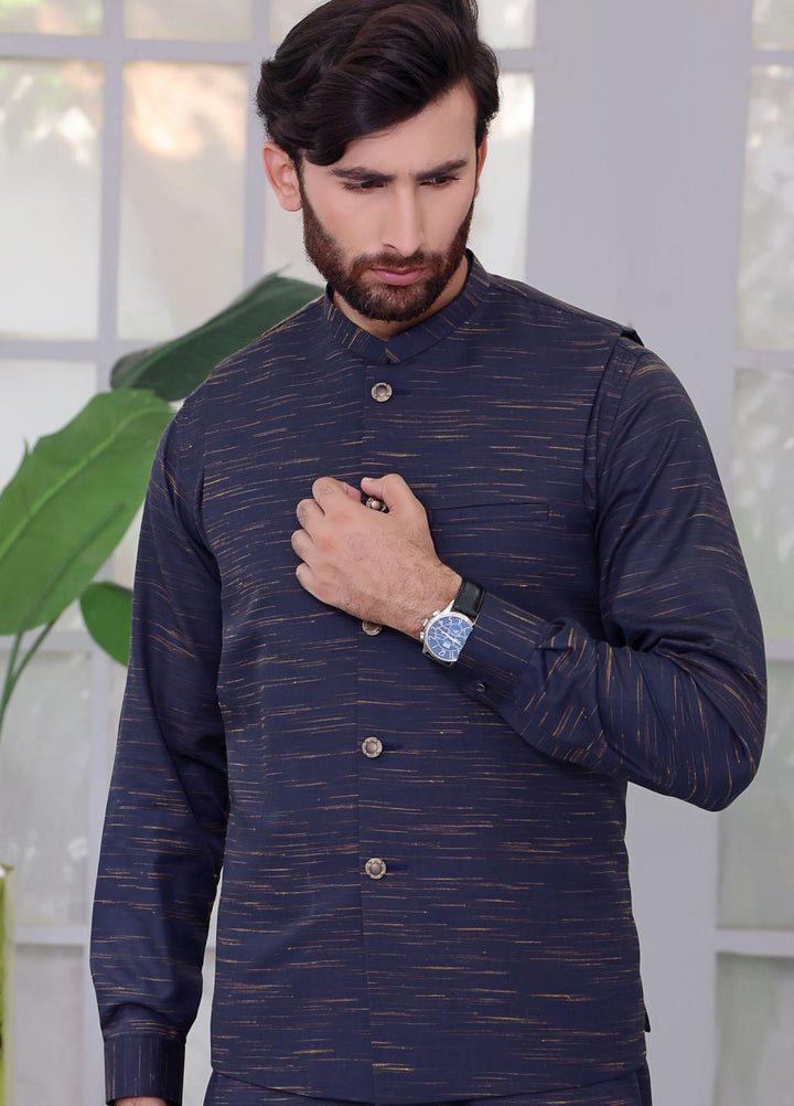 The Great Master (TGM) Wash N Wear Festive Kameez Shalwar with Waistcoat for Men -  Blue Bonnet