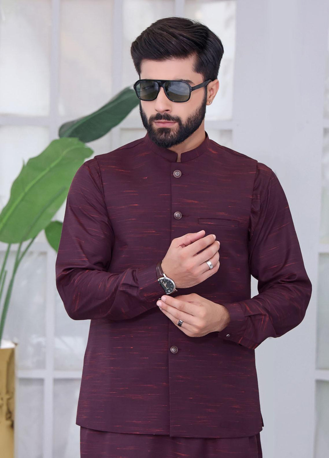 The Great Master (TGM) Wash N Wear Festive Kameez Shalwar with Waistcoat for Men -  Purple Orchid
