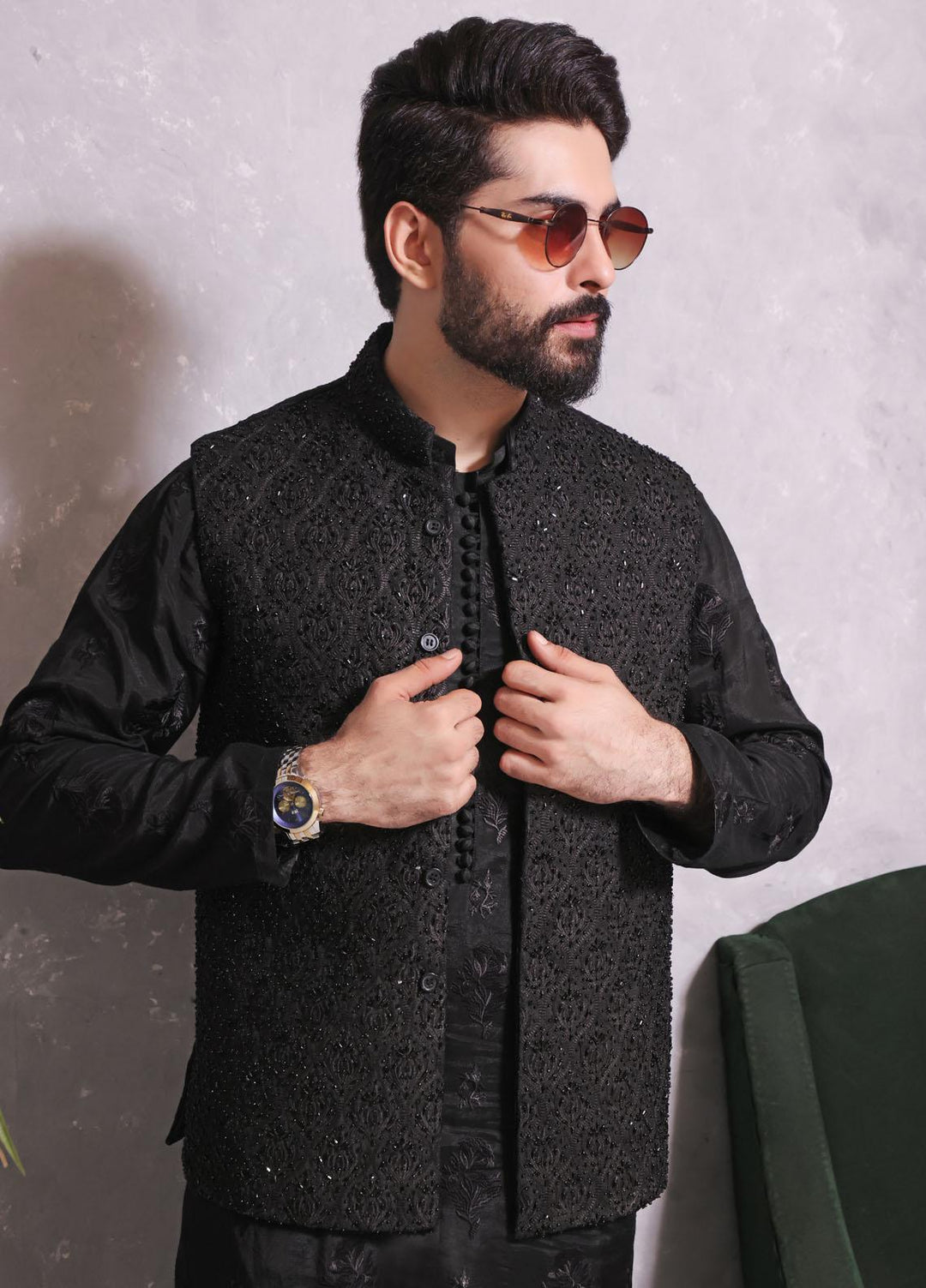 The Great Master (TGM) Jamawar Festive Waistcoat for Men -  TGM22MW Black Beast