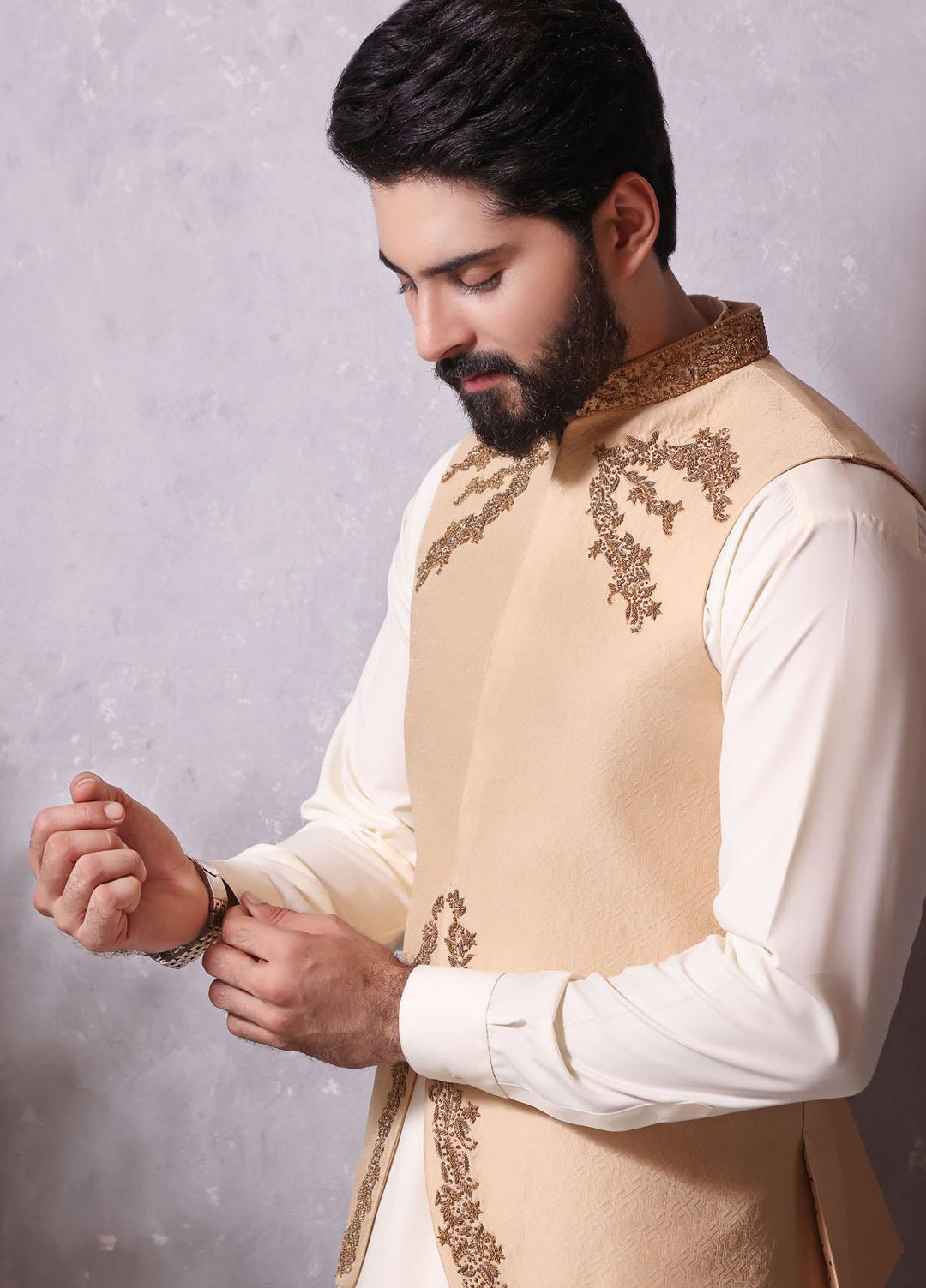 The Great Master (TGM) Jamawar Festive Men Waistcoat -  TGM22MW Sunglow