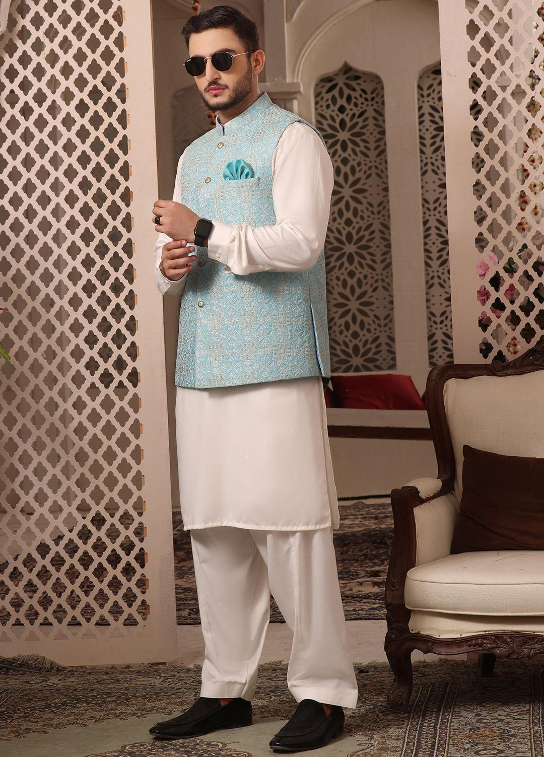 The Great Master (TGM) Raw Silk Formal Men Waistcoat -  LUMINOUS BLUE