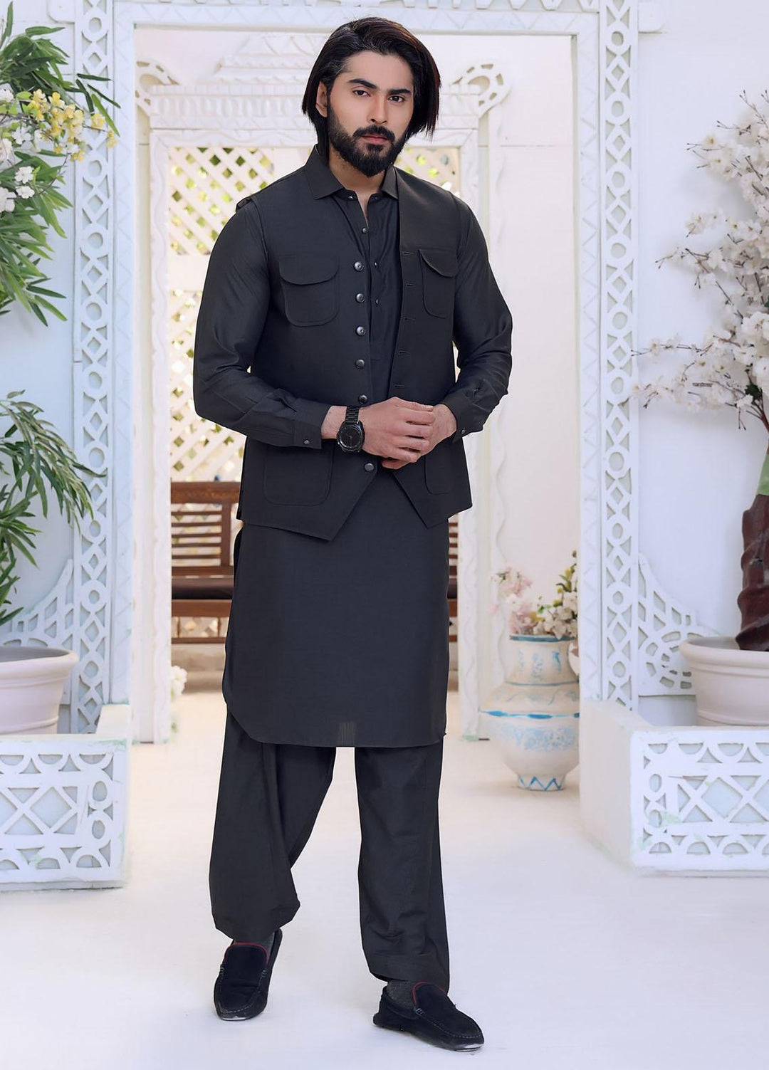 The Great Master (TGM) Wash N Wear Festive Waistcoat 3 Piece Suit for Men -  Black Noir