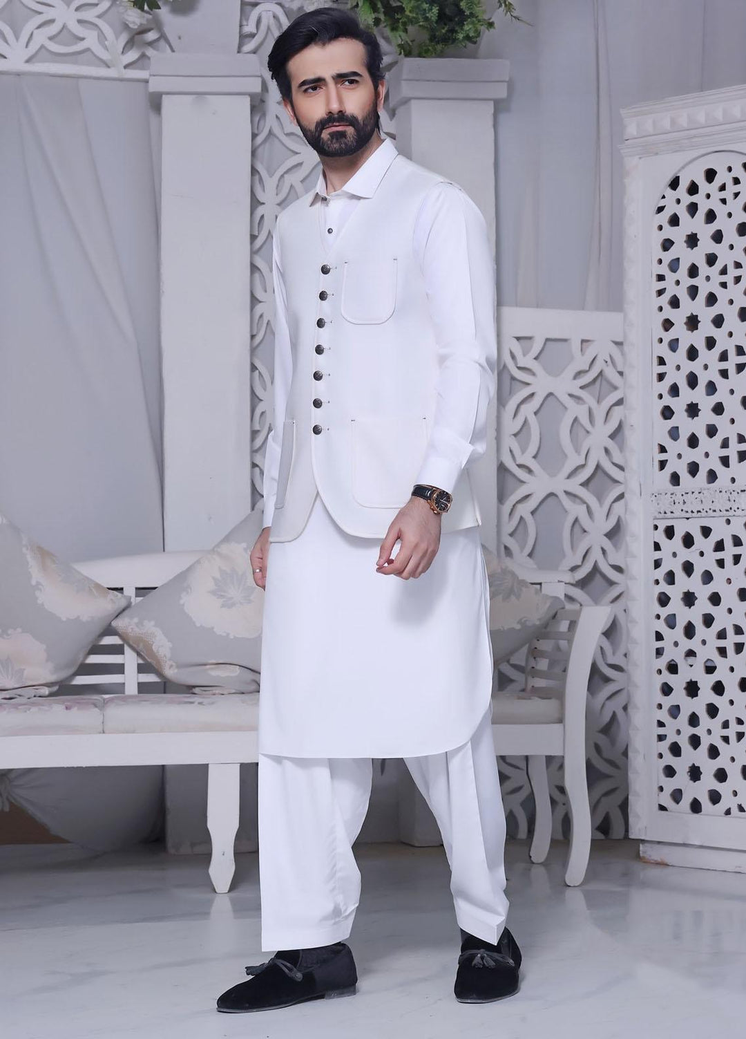 The Great Master (TGM) Wash N Wear Festive Waistcoat 3 Piece Suit for Men -  Moon White