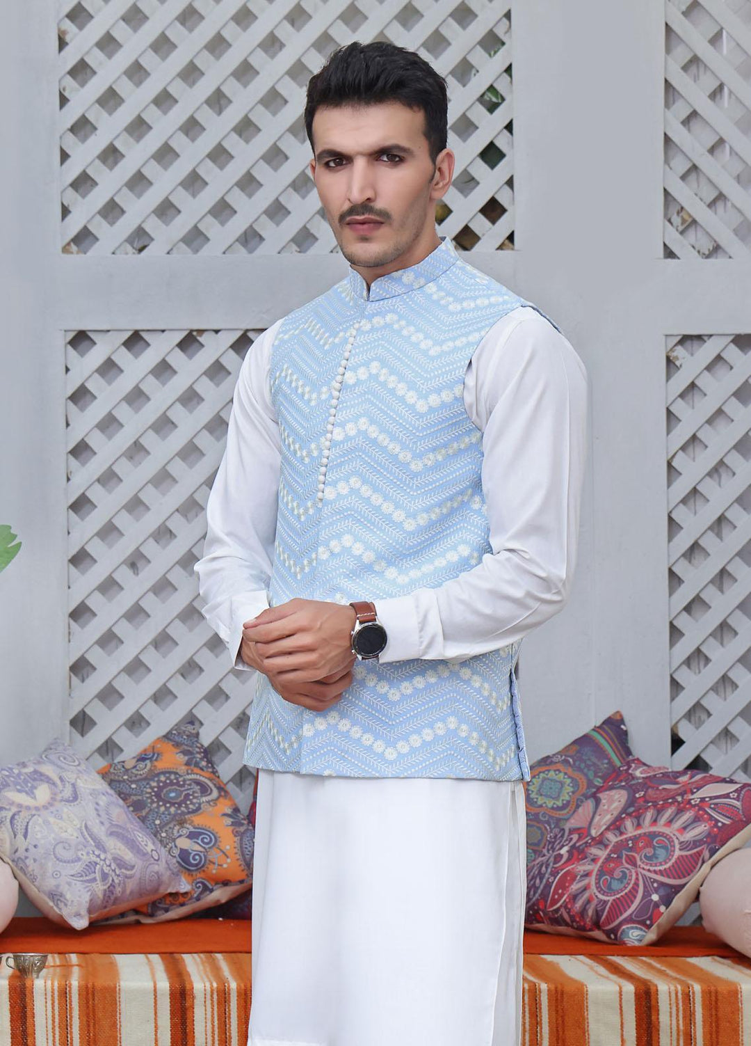 The Great Master (TGM) Jamawar Festive Waistcoat for Men -  Blue Ice