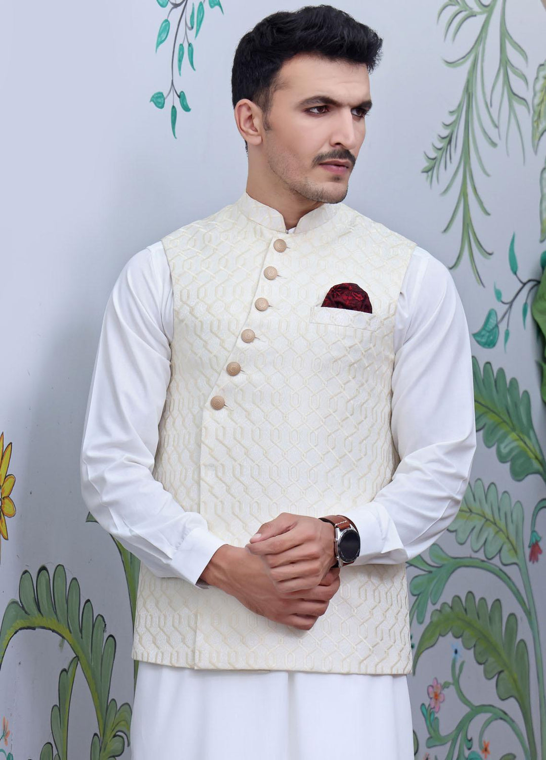 The Great Master (TGM) Jamawar Festive Waistcoat for Men -  Coconut Cream