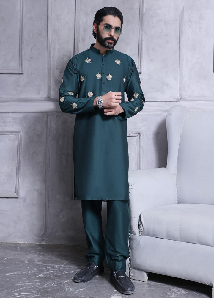The Great Master (TGM) Cotton Silk Festive Kameez Shalwar for Men -  Green Bristle