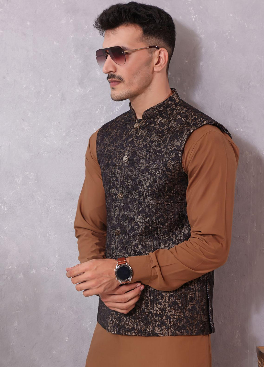 The Great Master (TGM) Wash N Wear Formal Kameez Shalwar with Waistcoat for Men -  TGM22MS Argus Brown
