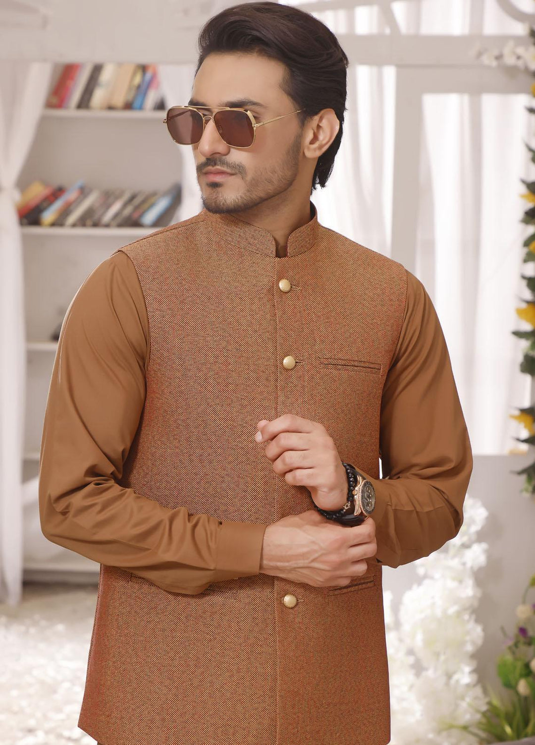 The Great Master (TGM) Wash N Wear Formal Kameez Shalwar with Waistcoat for Men -  TGM22MS Burlywood