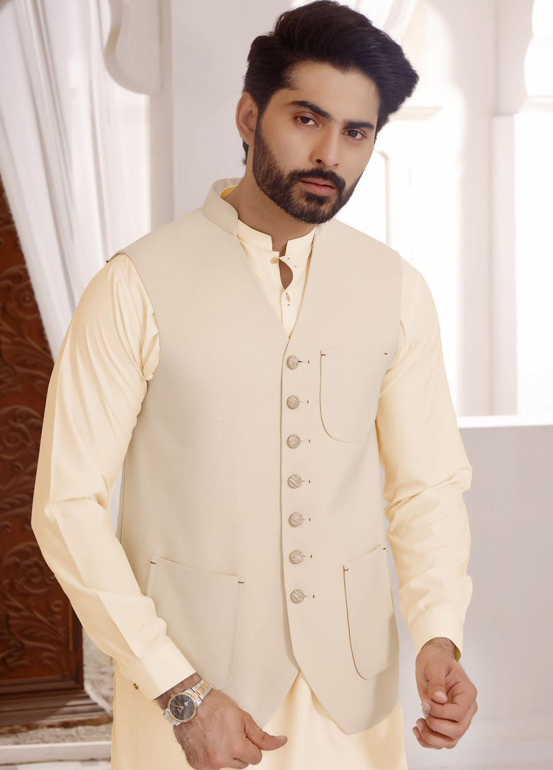 The Great Master (TGM) Wash N Wear Formal Kameez Shalwar with Waistcoat for Men -  TGM22MS coconut Butter