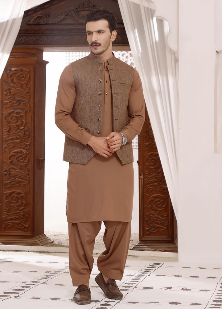 The Great Master (TGM) Wash N Wear Formal Men Kameez Shalwar with Waistcoat -  TGM22MS Feather Brown