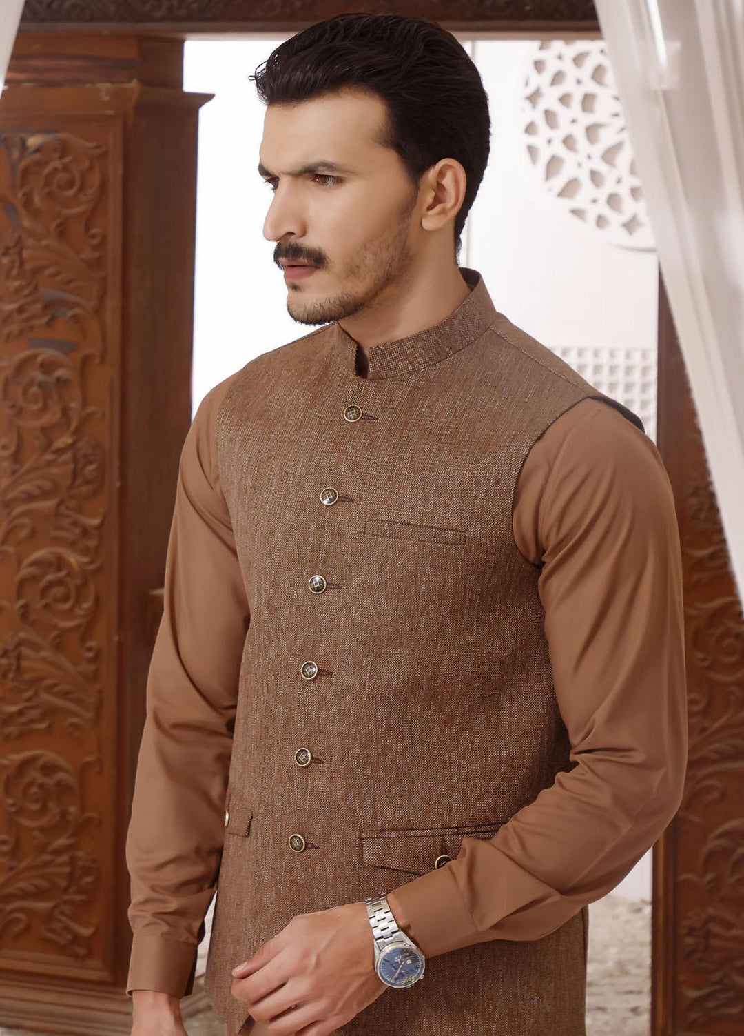 The Great Master (TGM) Wash N Wear Formal Men Kameez Shalwar with Waistcoat -  TGM22MS Feather Brown