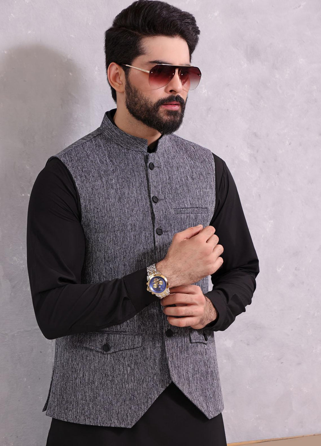The Great Master (TGM) Wash N Wear Formal Kameez Shalwar with Waistcoat for Men -  TGM22MS Gray Whale