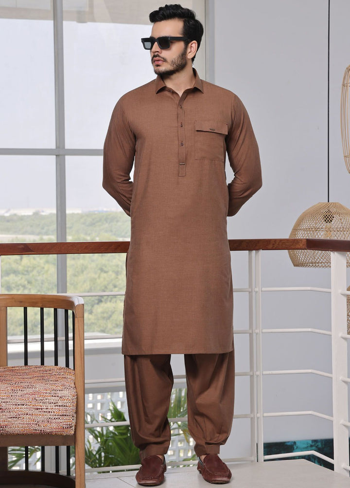 The Great Master (TGM) Blended Formal Men Kameez Shalwar Umber Fantasy