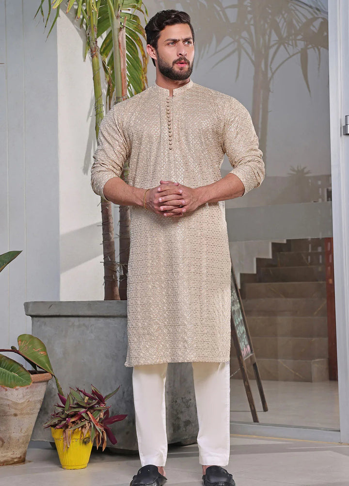 The Great Master (TGM) Chikan Fancy Men Kurta Pajama - Almond Aura