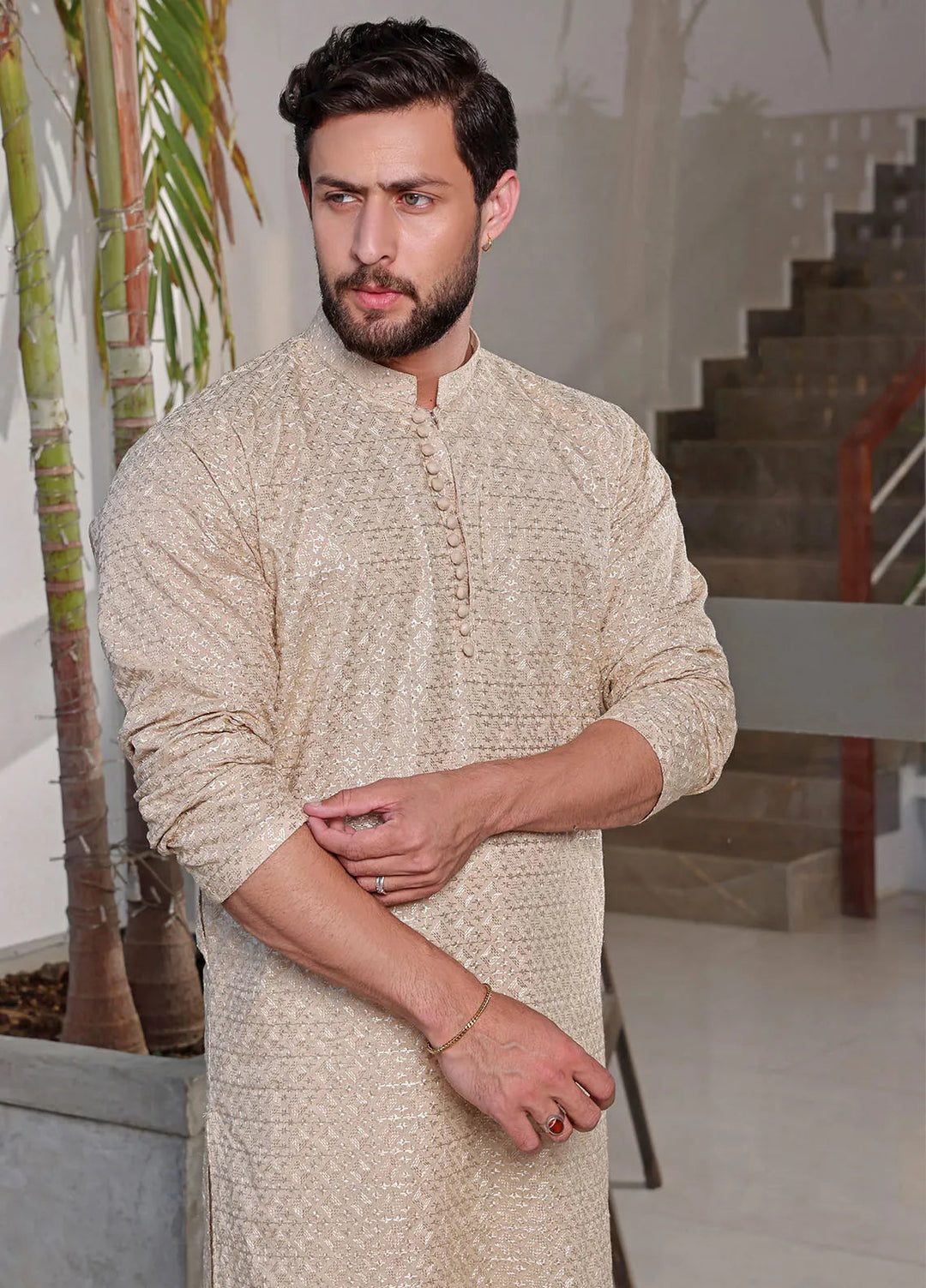 The Great Master (TGM) Chikan Fancy Men Kurta Pajama - Almond Aura