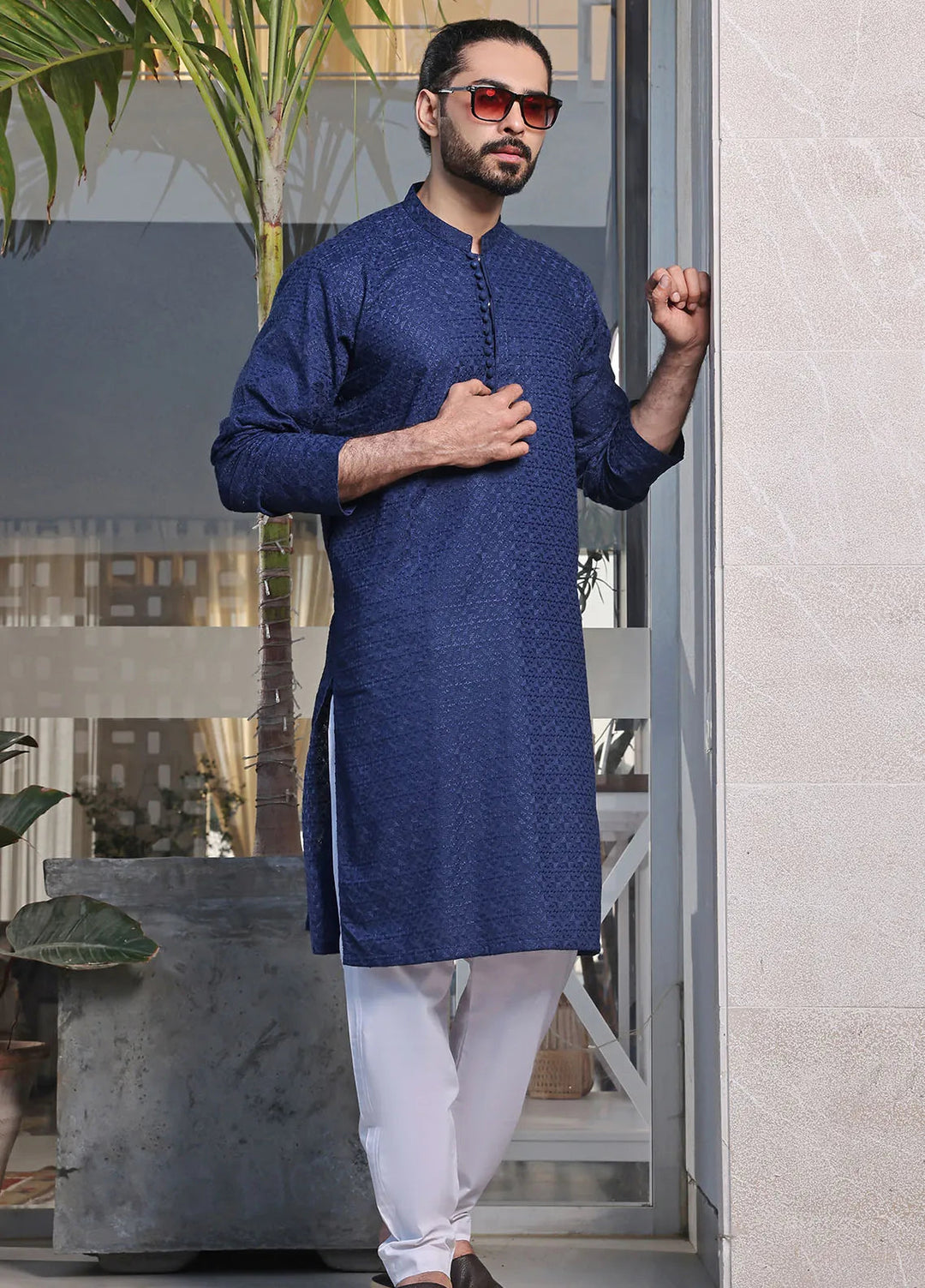 The Great Master (TGM) Chikan Fancy Men Kurta Pajama - Blue Dynasty