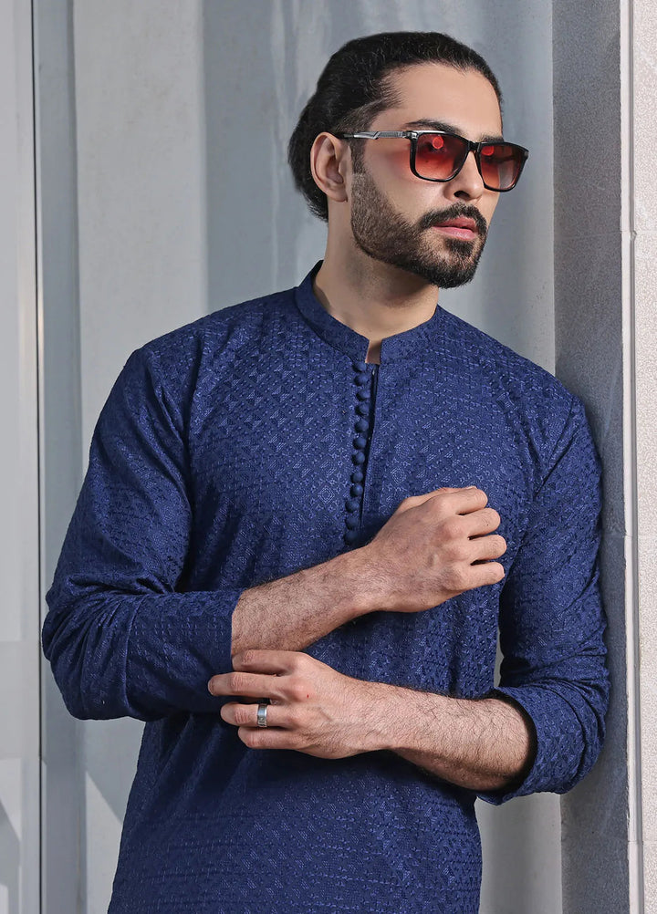 The Great Master (TGM) Chikan Fancy Men Kurta Pajama - Blue Dynasty