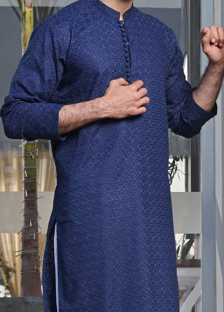 The Great Master (TGM) Chikan Fancy Men Kurta Pajama - Blue Dynasty
